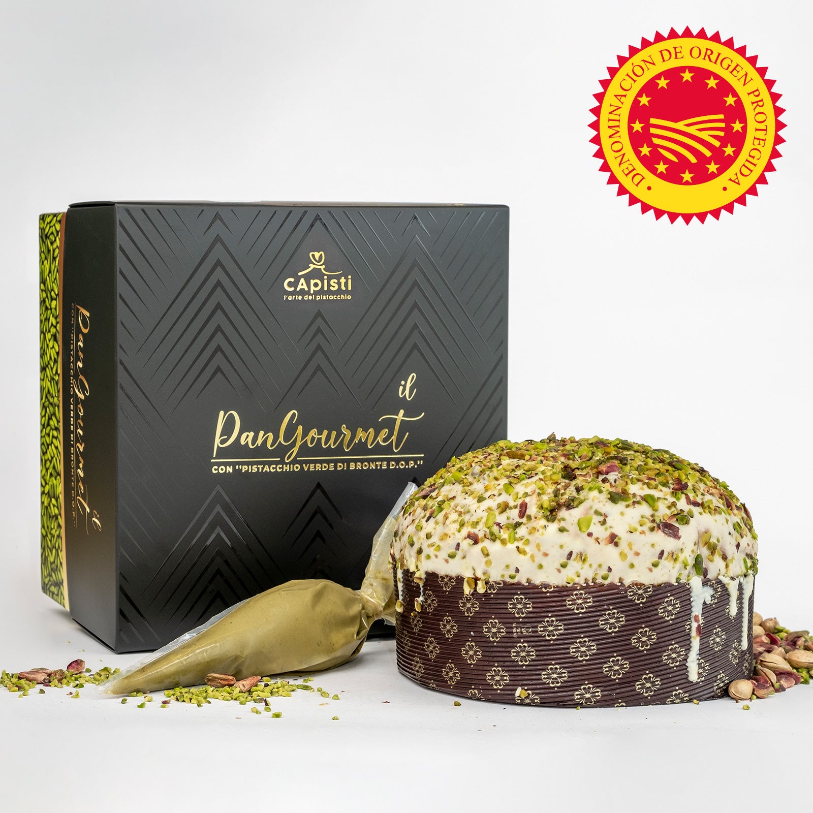 Panettone al "Pistacho Verde de Bronte DOP" con manga pastelera